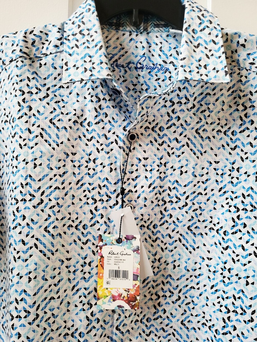 Robert Graham Greco Mens S Classic Fit Blue Geometric Short Sleeve Shirt NWT